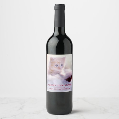 Cute Kitten Resting On a Santa Hat Meowy Christmas Wine Label