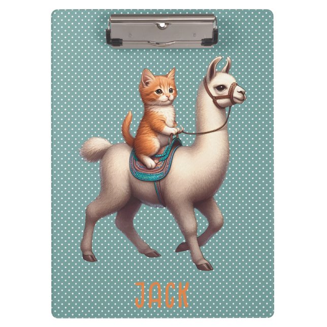 Cute Kitten Riding Fluffy Llama Personalized Name Clipboard (Front)