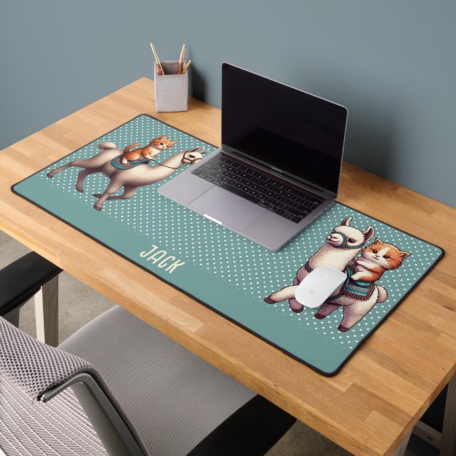 Cute Kitten Riding Fluffy Llama Personalized Name Desk Mat (Office 2)