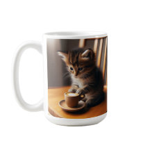 Cute Kitten sitting in a chair with a cup.