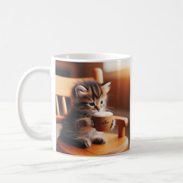 Cute kitten sitting on a chair drinking a coffee. coffee mug (Left)