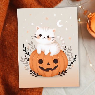 Cute Kitten Sitting On Pumpkin Modern Halloween 