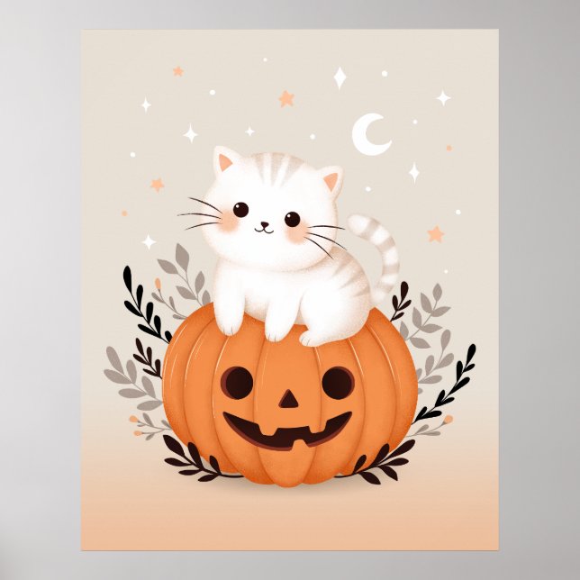 Cute Kitten Sitting On Pumpkin Modern Halloween  Poster (Front)