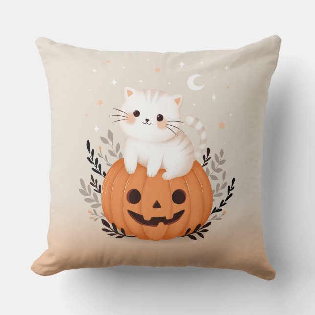 Cute Kitten Sitting On Pumpkin Modern Halloween  Throw Pillow (Front)