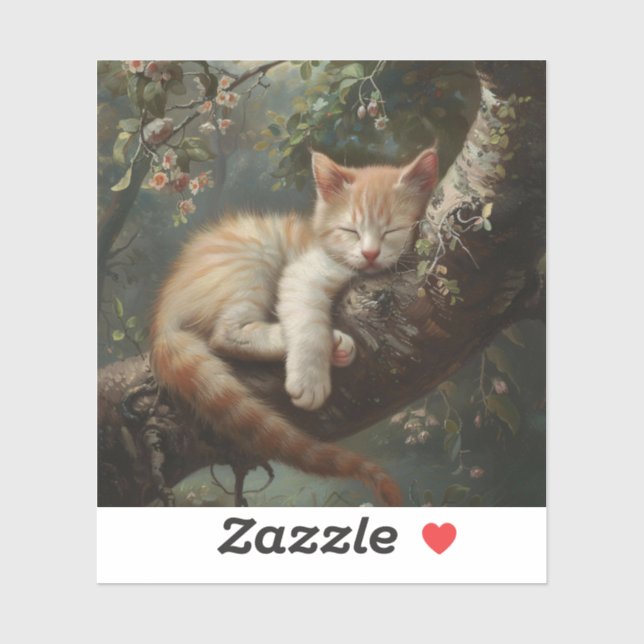 Cute Kitten Sleeping in a Tree Vintage Sticker (Sheet)