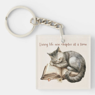 Cute Kitten Sleeping on Open Book Gift Keychain