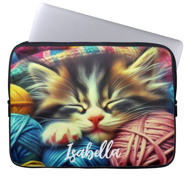 Cute Kitten Sleeping under a Blanket Laptop Sleeve (Front)