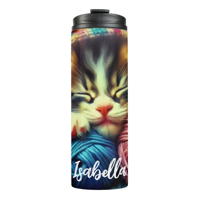Cute Kitten Sleeping under a Blanket Personalized Thermal Tumbler (Front)