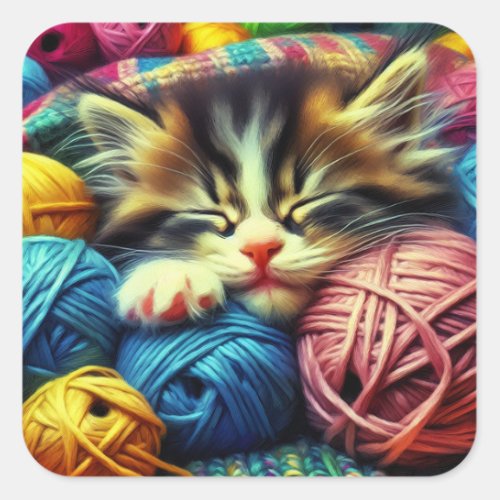 Cute Kitten Sleeping under a Blanket Square Sticker