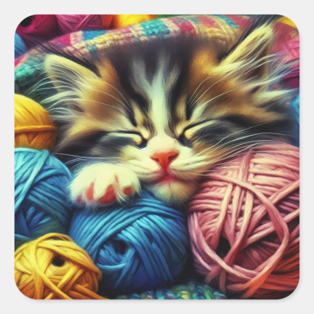 Cute Kitten Sleeping under a Blanket Square Sticker (Front)