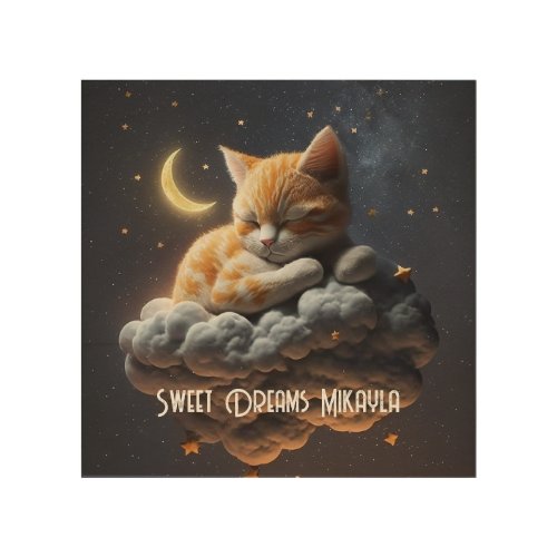 Cute Kitten Sleeps on Cloud Wood Wall Art