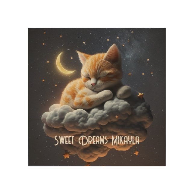 Cute Kitten Sleeps on Cloud Wood Wall Art (Front)