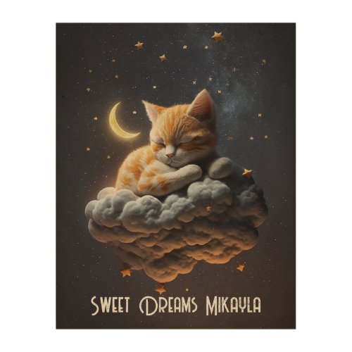 Cute Kitten Sleeps on Cloud Wood Wall Art