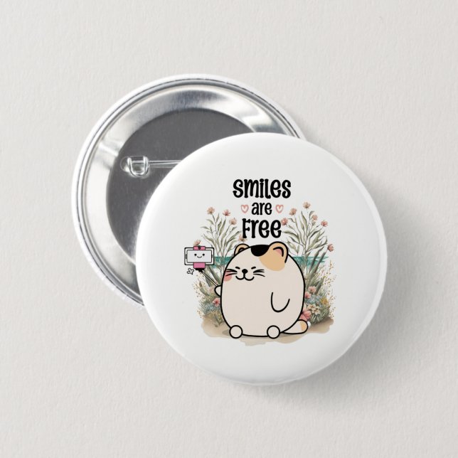 Cute Kitten "Smiles Are Free" Positive Message  Button (Front & Back)