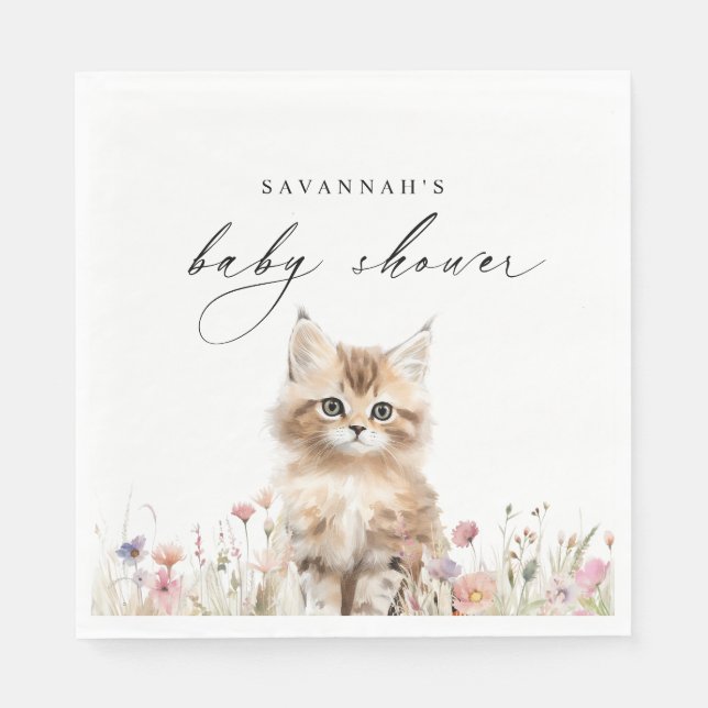 Cute Kitten | Spring Floral Cat Theme Baby Shower Napkins (Front)