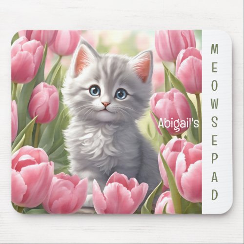 Cute Kitten Spring Pink Tulips Name Mousepad