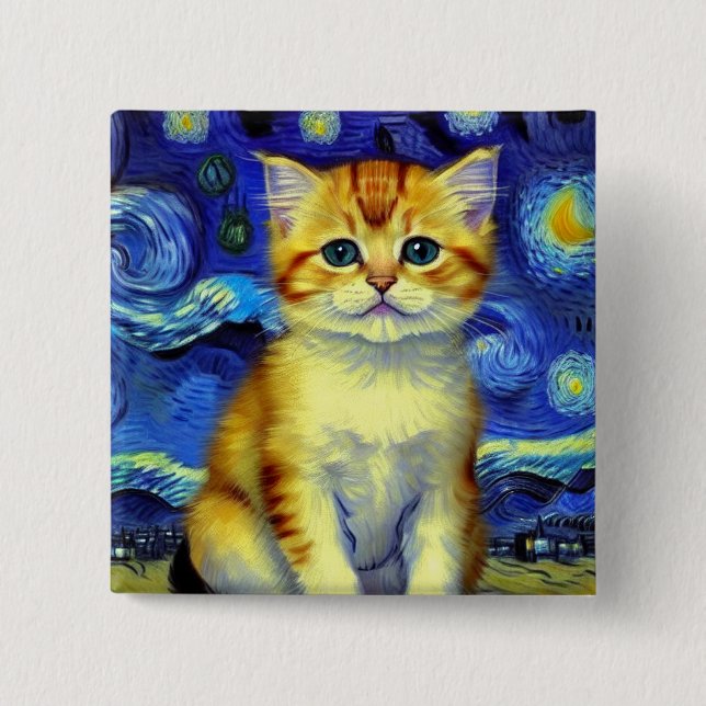 Cute Kitten Starry Night Van Gogh Button (Front)