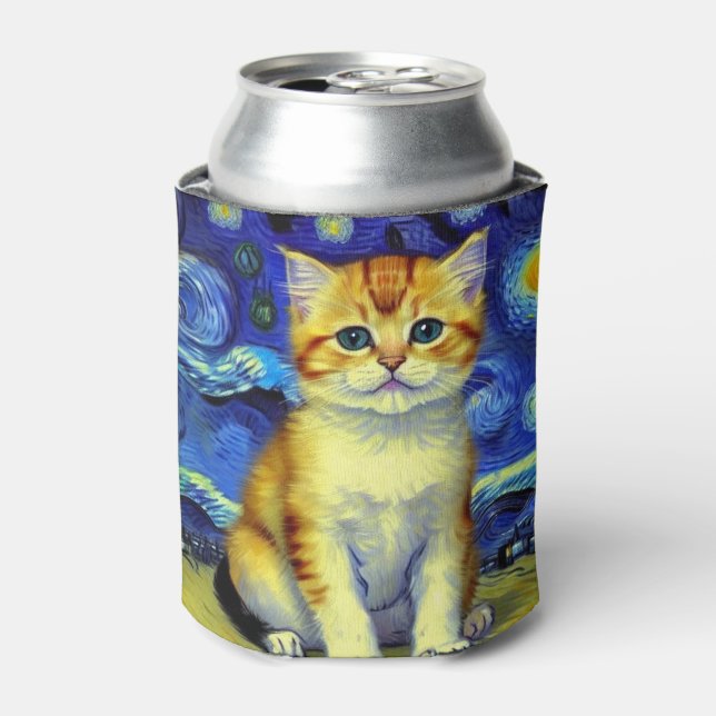 Cute Kitten Starry Night Van Gogh Can Cooler (Can Front)