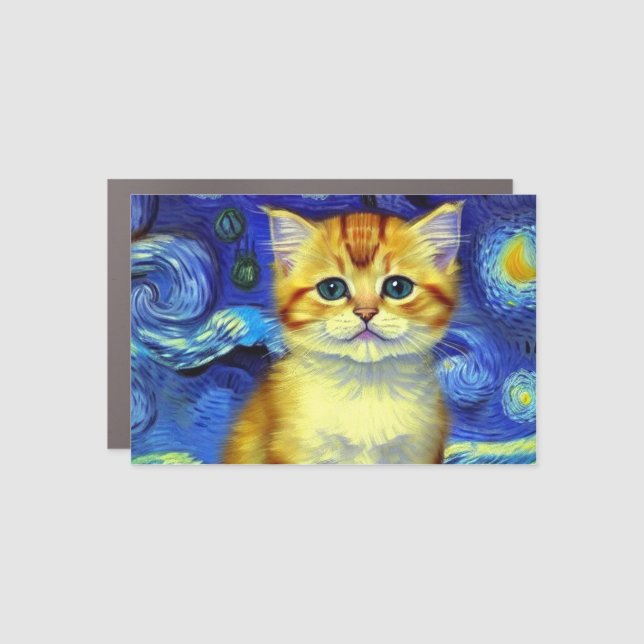 Cute Kitten Starry Night Van Gogh Car Magnet (Front)