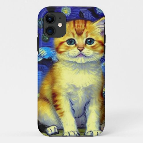Cute Kitten Starry Night Van Gogh iPhone 11 Case