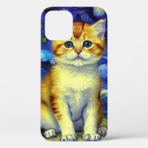 Cute Kitten Starry Night Van Gogh iPhone 12 Case