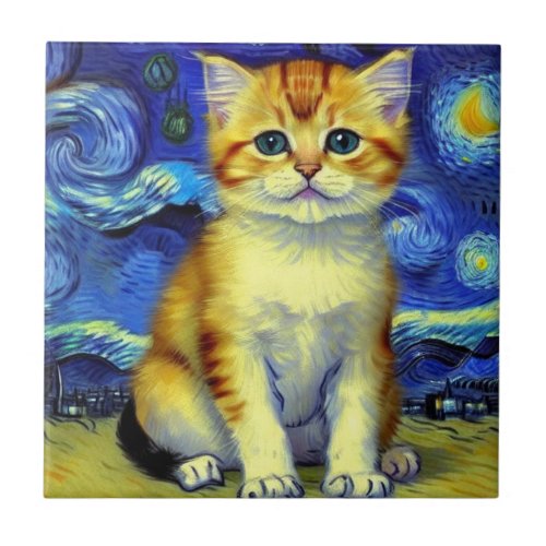 Cute Kitten Starry Night Van Gogh Ceramic Tile