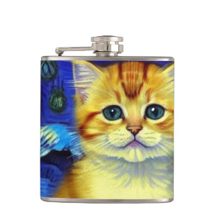 Cute Kitten Starry Night Van Gogh Flask