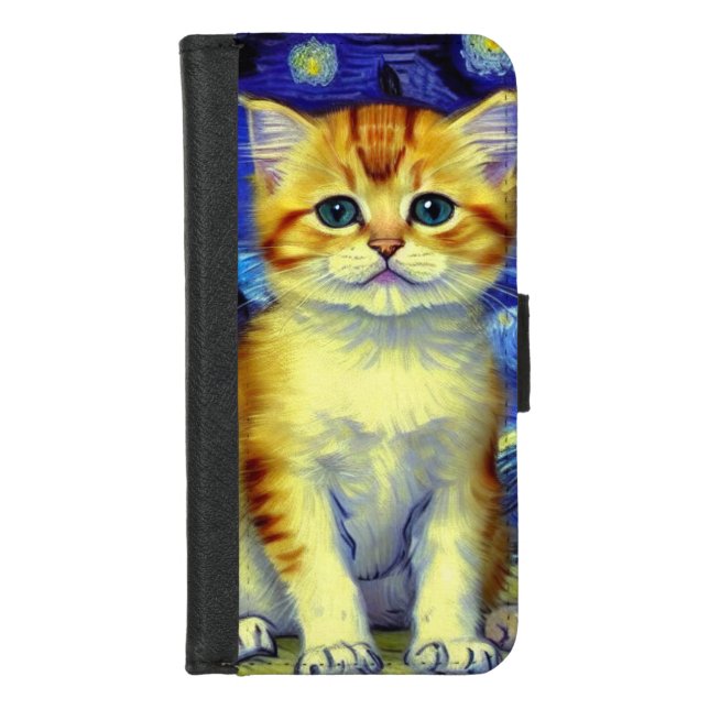 Cute Kitten Starry Night Van Gogh iPhone Wallet Case (Front)