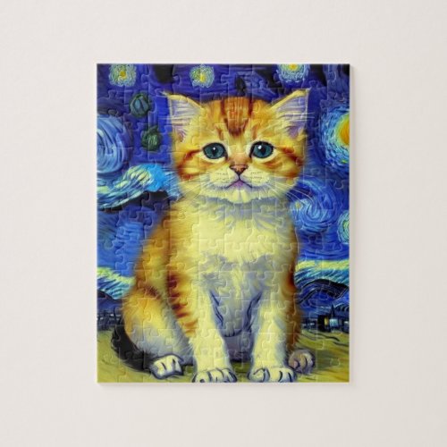 Cute Kitten Starry Night Van Gogh Jigsaw Puzzle