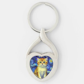 Cute Kitten Starry Night Van Gogh Keychain by Hello_Crafty at Zazzle