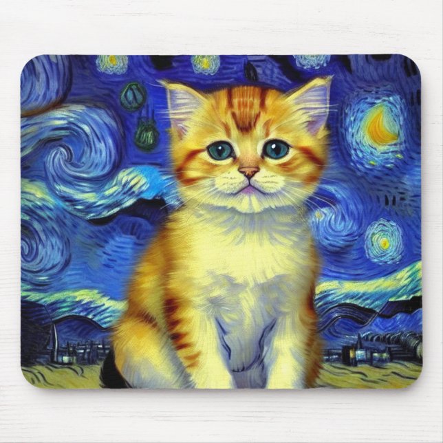 Cute Kitten Starry Night Van Gogh Mouse Pad (Front)