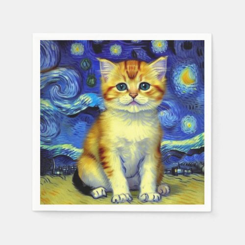 Cute Kitten Starry Night Van Gogh Napkins