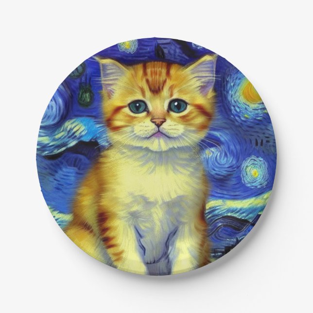 Cute Kitten Starry Night Van Gogh Paper Plates (Front)