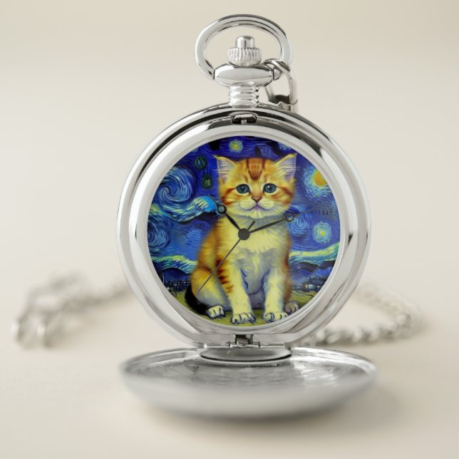 Cute Kitten Starry Night Van Gogh Pocket Watch (Inside)