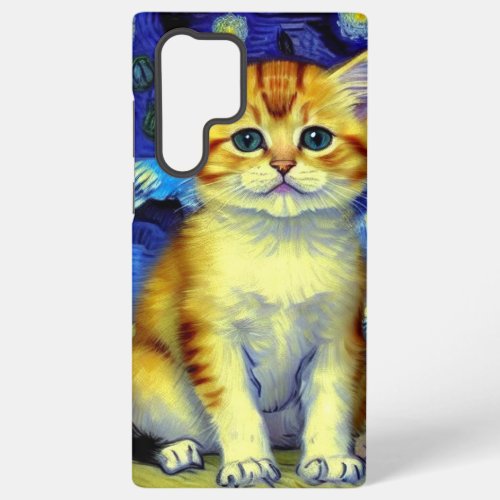 Cute Kitten Starry Night Van Gogh Samsung Galaxy S22 Ultra Case
