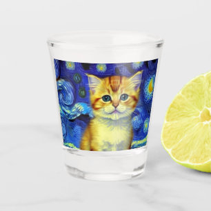 Cute Kitten Starry Night Van Gogh Shot Glass