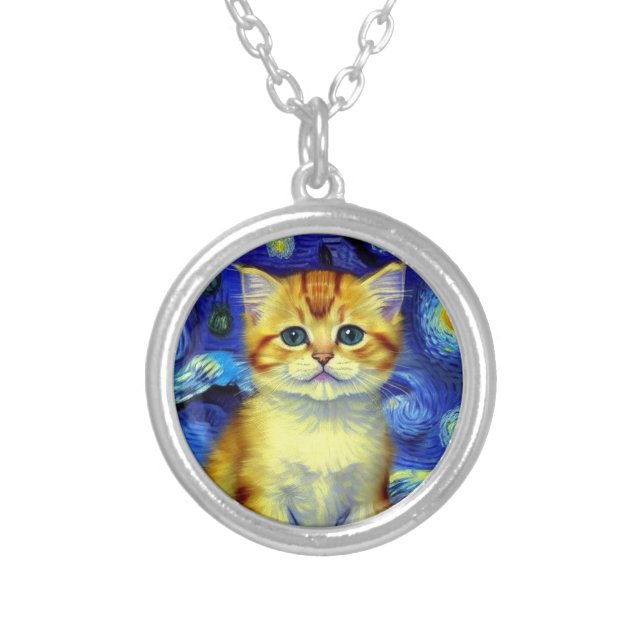 Cute Kitten Starry Night Van Gogh Silver Plated Necklace (Front)