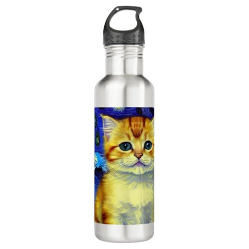 Cute Kitten Starry Night Van Gogh Stainless Steel Water Bottle