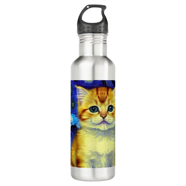 Cute Kitten Starry Night Van Gogh Stainless Steel Water Bottle (Front)