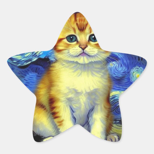 Cute Kitten Starry Night Van Gogh Star Sticker (Front)