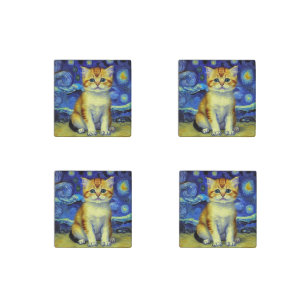 Cute Kitten Starry Night Van Gogh Stone Magnet