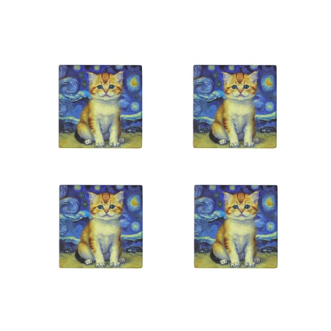 Cute Kitten Starry Night Van Gogh Stone Magnet (Front)