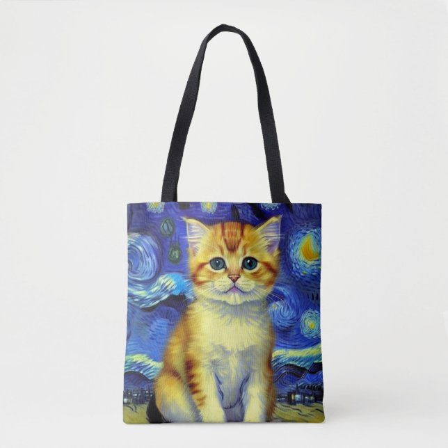 Cute Kitten Starry Night Van Gogh Tote Bag (Front)