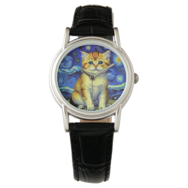 Cute Kitten Starry Night Van Gogh Watch (Front)