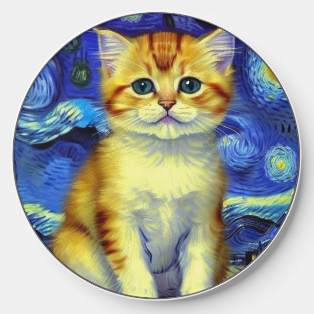 Cute Kitten Starry Night Van Gogh Wireless Charger (Front)