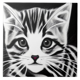 Cute kitten striped black white ceramic tile