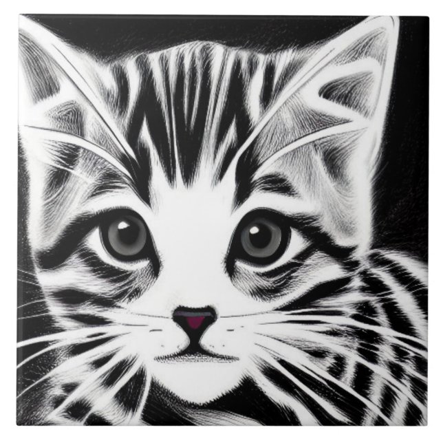 Cute kitten striped black white ceramic tile (Front)