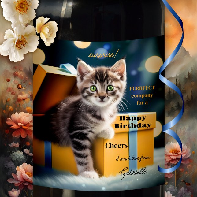 Cute Kitten Surprise Birthday Wine Label (Surprise birthday wine label featuring a cute kitten arriving in a festive box - cat lover gift)