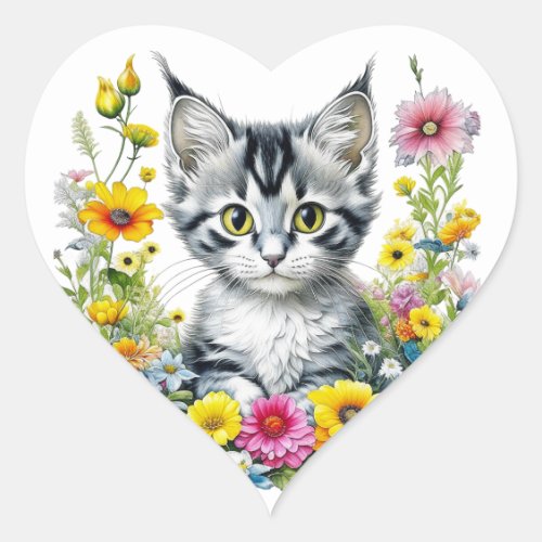 Cute Kitten Surrounded by Flowers   Heart Sticker