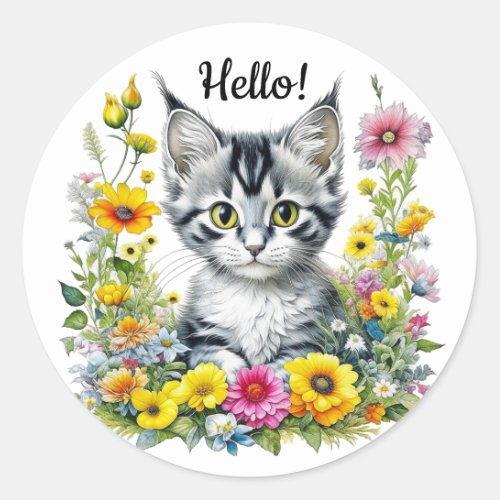 Cute Kitten Surrounded by Flowers  Hello Classic Round Sticker